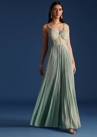 Mint Green Pleated Jumpsuit With Cutdana Embroidery