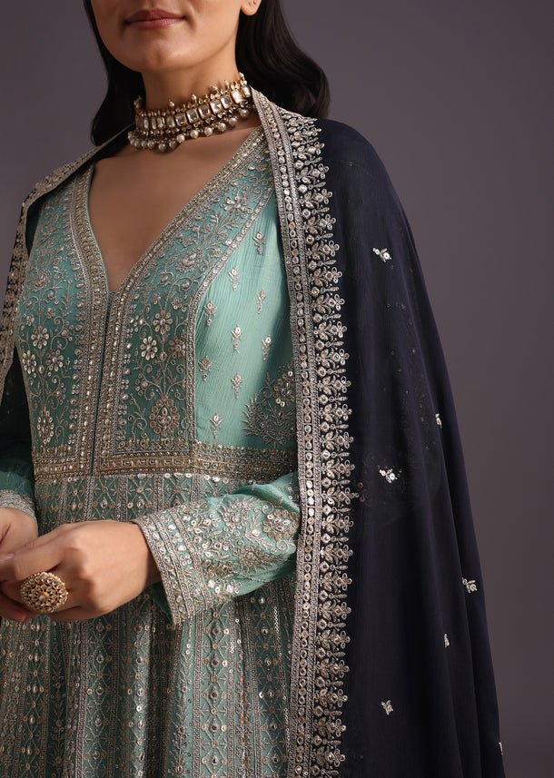 Blue Zari Work Anarkali And Dupatta