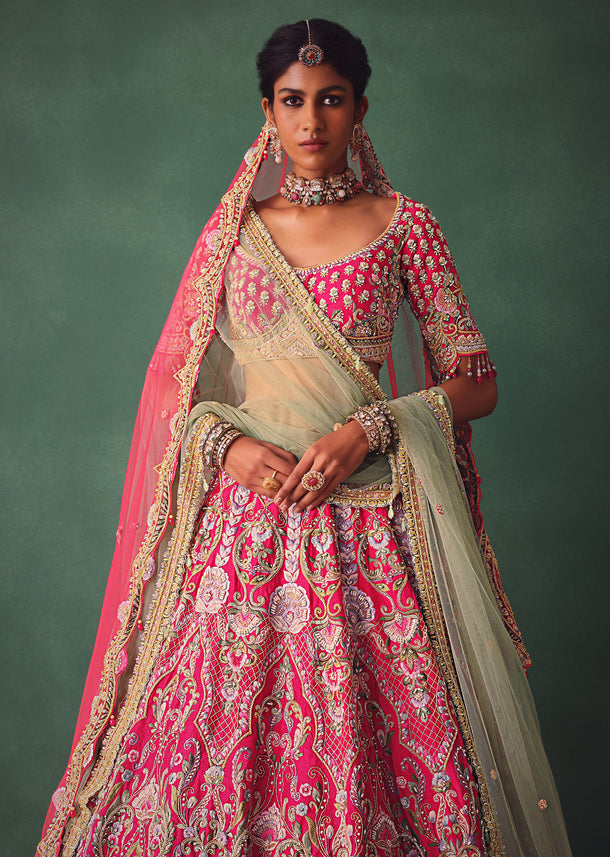 Rose Pink Bridal Lehenga With Scoop Neckline Blouse And Hand Work Dupatta