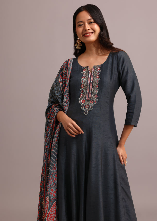 Grey Embroidered Kurti Set With Modal Silk Ajrakh Printed Dupatta