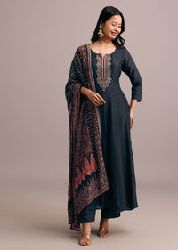 Grey Embroidered Kurti Set With Modal Silk Ajrakh Printed Dupatta