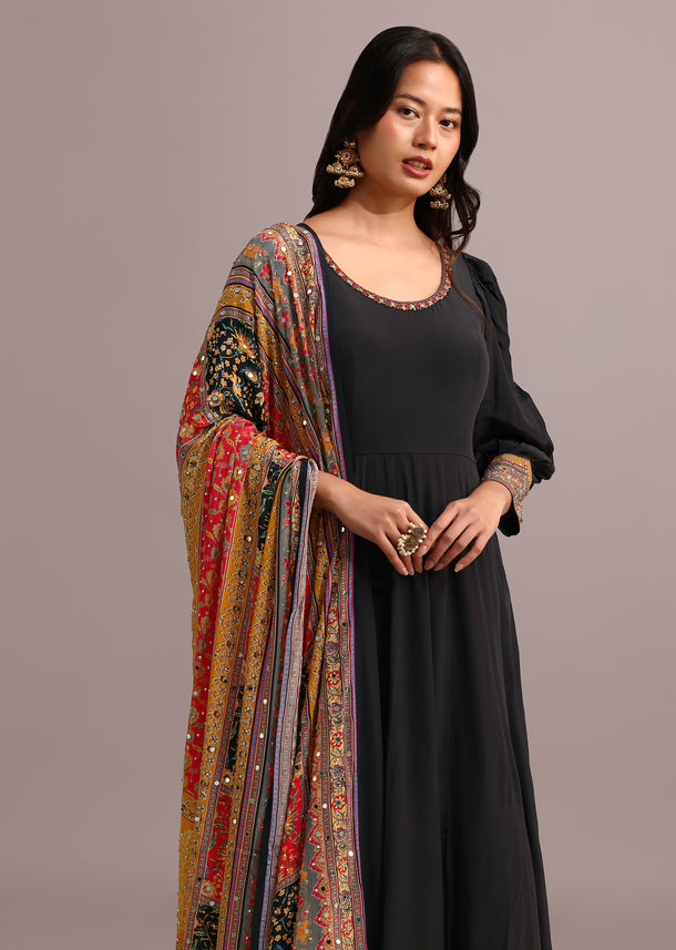 Black Embroidered Anarkali With Printed Dupatta