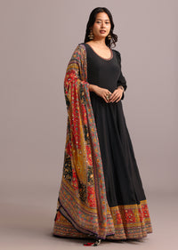 Black Embroidered Anarkali With Printed Dupatta