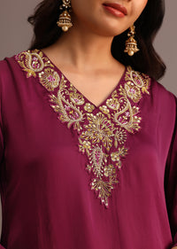 Wine Embroidered Kurta Palazzo Suit