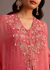 Pink And Gold Embroidered Croptop Palazzo Set With Beaded Cape