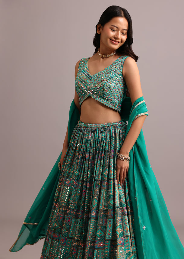 Aqua Green Banarasi Silk Embroidered Lehenga With Butti Work Organza Dupatta