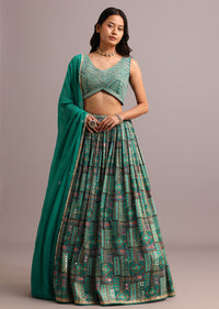 Aqua Green Banarasi Silk Embroidered Lehenga With Butti Work Organza Dupatta