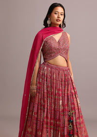 Ruby Pink Banarasi Silk Embroidered Lehenga With Butti Work Organza Dupatta