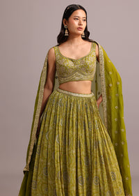 Green Embroidered Lehenga Choli With Butti Work Organza Dupatta