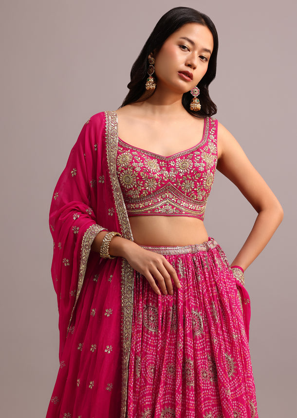 Dark Pink Embroidered Lehenga Choli With Butti Work Organza Dupatta