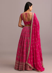 Dark Pink Embroidered Lehenga Choli With Butti Work Organza Dupatta