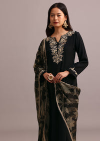 Black Embroidered Kurti Set With Bandhani print Chanderi Dupatta