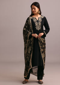 Black Embroidered Kurti Set With Bandhani print Chanderi Dupatta