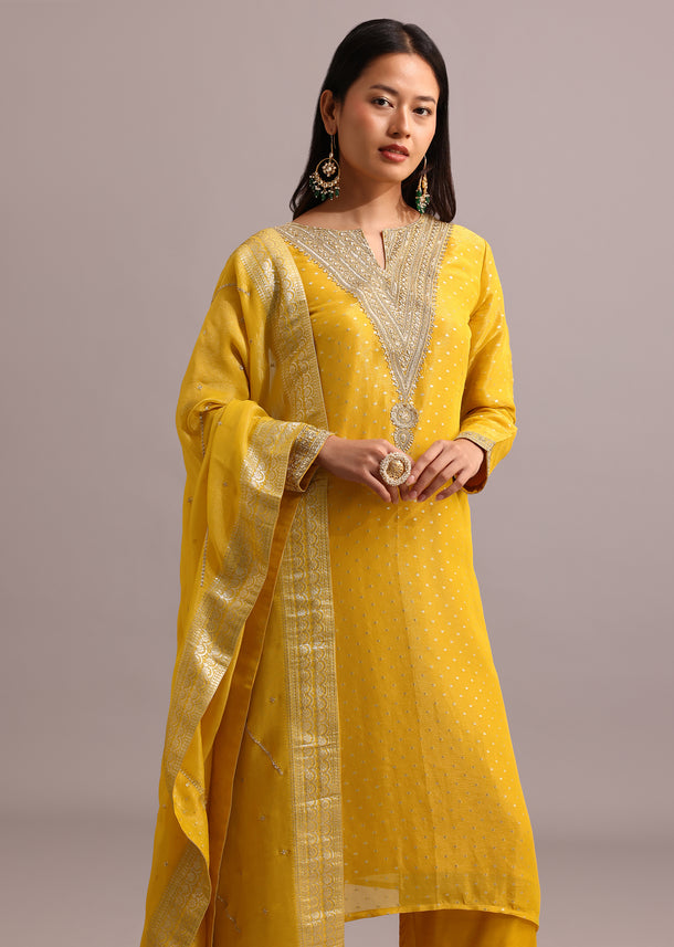 Yellow Sequins Work On Kurti And Silk Blend Pant With Banarasi Weave Dupatta