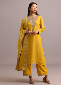 Yellow Sequins Work On Kurti And Silk Blend Pant With Banarasi Weave Dupatta