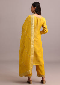 Yellow Sequins Work On Kurti And Silk Blend Pant With Banarasi Weave Dupatta