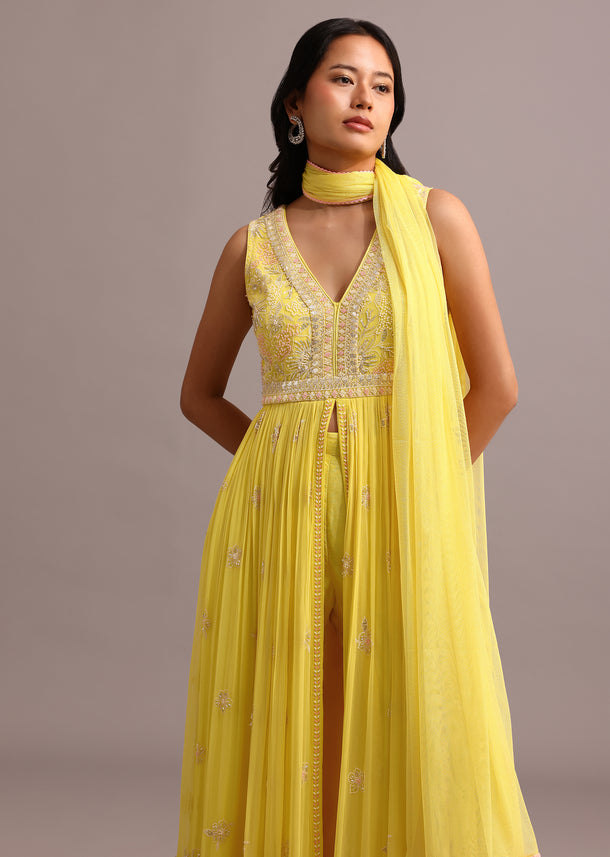 Yellow Embroidered Anarkali Pant Suit With Net Dupatta