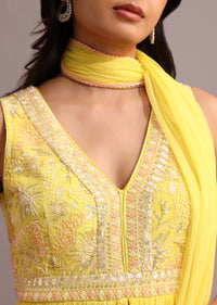 Yellow Embroidered Anarkali Pant Suit With Net Dupatta