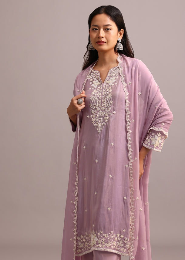 Purple Embroidered Kurta Set With Butti Work On Organza Dupatta