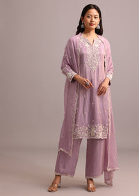 Purple Embroidered Kurta Set With Butti Work On Organza Dupatta