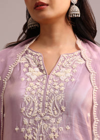 Purple Embroidered Kurta Set With Butti Work On Organza Dupatta