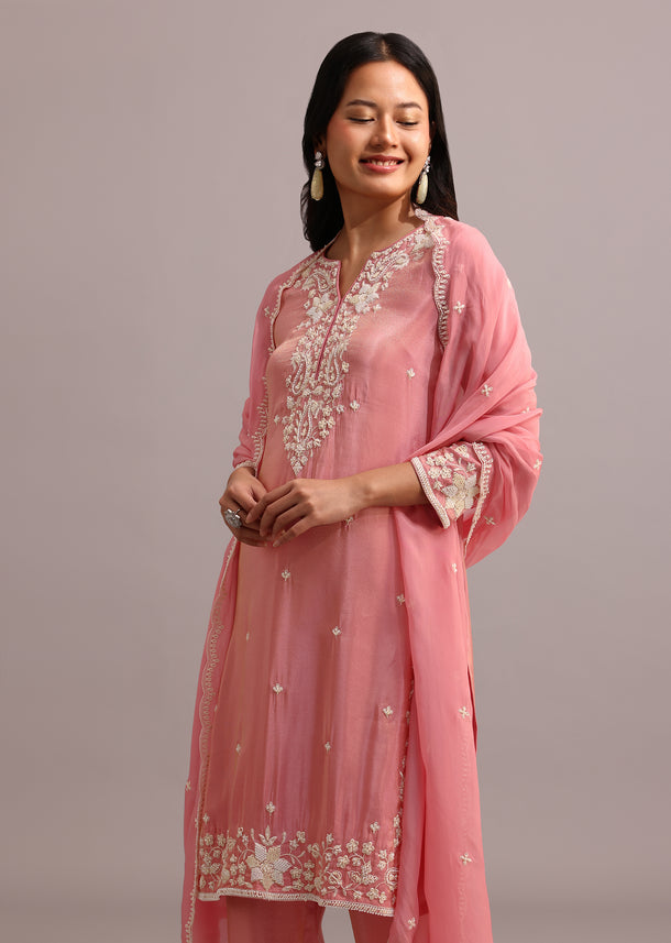 Pink Embroidered Kurti Set With Butti Work On Organza Dupatta