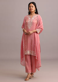 Pink Embroidered Kurti Set With Butti Work On Organza Dupatta