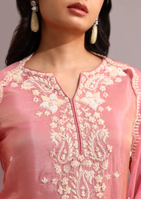 Pink Embroidered Kurti Set With Butti Work On Organza Dupatta