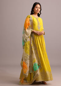 Yellow Embroidered Anarkali With Floral Printed Organza Dupatta