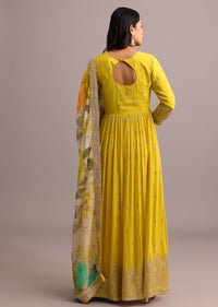 Yellow Embroidered Anarkali With Floral Printed Organza Dupatta