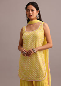 Yellow Embellished Sharara Set With Net Dupatta