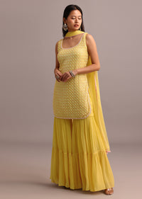 Yellow Embellished Sharara Set With Net Dupatta