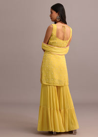 Yellow Embellished Sharara Set With Net Dupatta