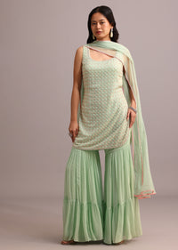 Green Embellished Sharara Set With Net Dupatta