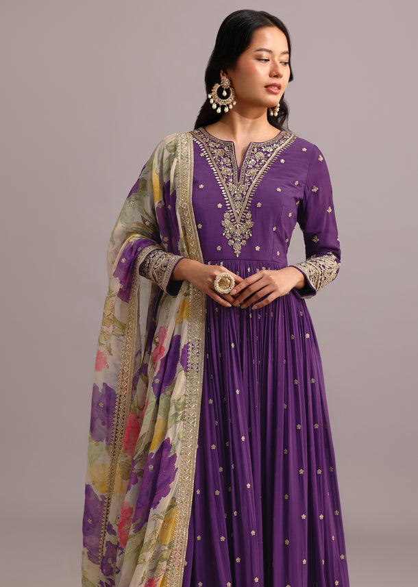 Purple Embroidered Anarkali With Floral Printed Organza Dupatta