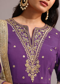 Purple Embroidered Anarkali With Floral Printed Organza Dupatta