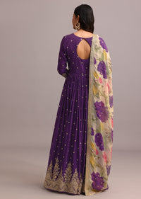 Purple Embroidered Anarkali With Floral Printed Organza Dupatta