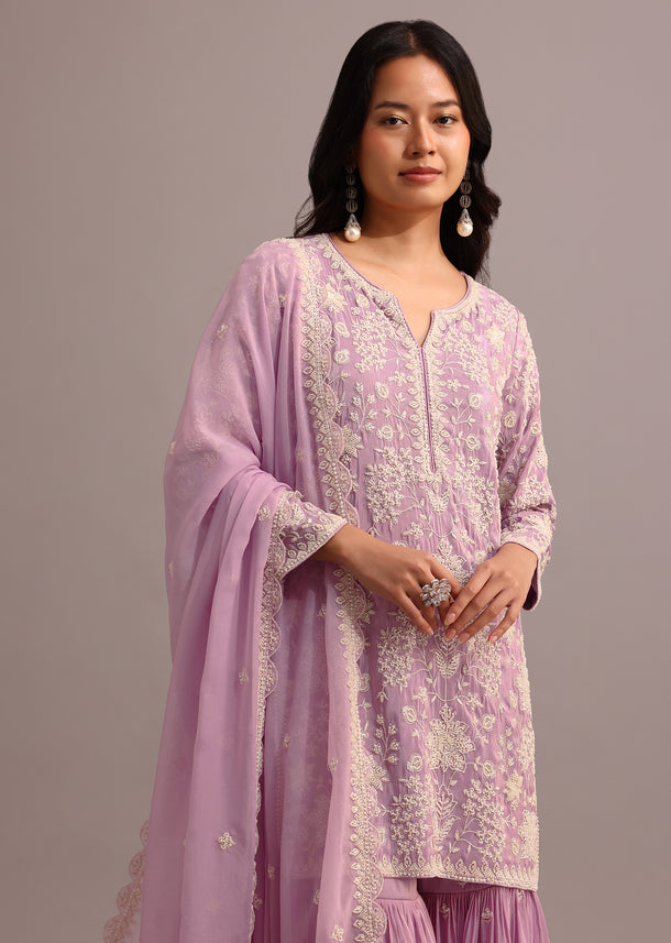 Purple Embroidered Sharara Set With Butti Work On Organza Dupatta