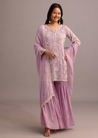 Purple Embroidered Sharara Set With Butti Work On Organza Dupatta