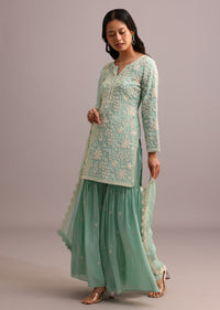 Green Embroidered Sharara Set With Butti Work On Organza Dupatta