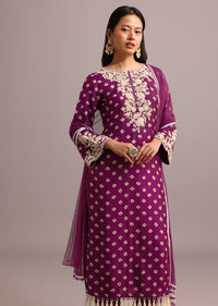 Purple Printed Kurta Pant Set With Net Dupatta