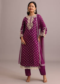 Purple Printed Kurta Pant Set With Net Dupatta