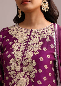 Purple Printed Kurta Pant Set With Net Dupatta