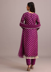 Purple Printed Kurta Pant Set With Net Dupatta