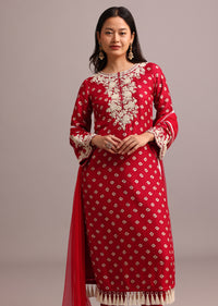 Red Printed Kurta Pant Set With Net Dupatta