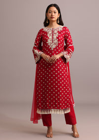 Red Printed Kurta Pant Set With Net Dupatta