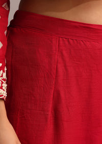 Red Printed Kurta Pant Set With Net Dupatta