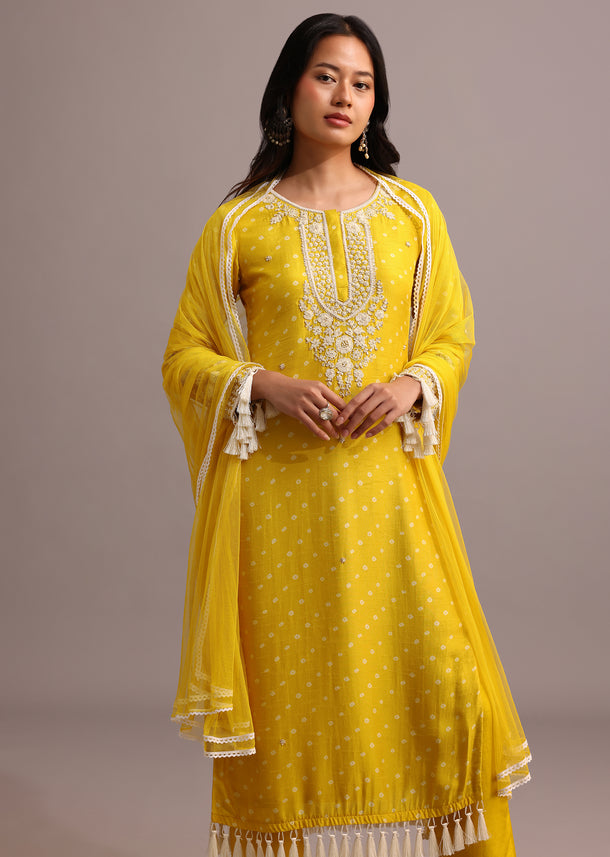 Yellow Printed Kurta Pant Set With Net Dupatta