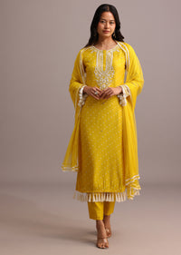 Yellow Printed Kurta Pant Set With Net Dupatta