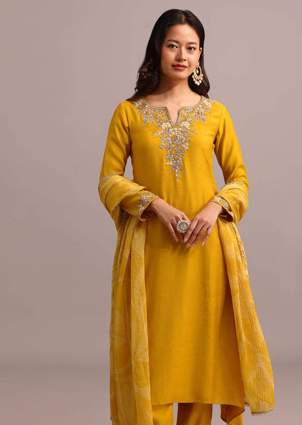 Yellow Embroidered Kurta Pant Set With Organza Dupatta